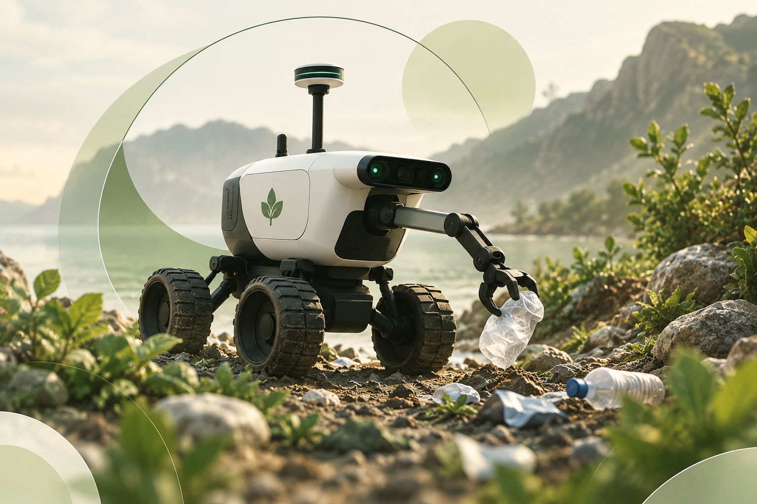 ReBot autonomous cleanup robot collecting waste outdoors.
